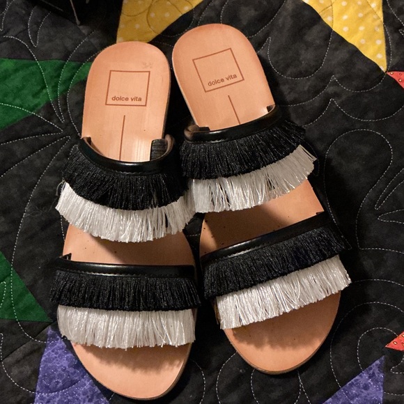 Dolce Vita Fringe Black and White Sandals - Picture 2 of 5